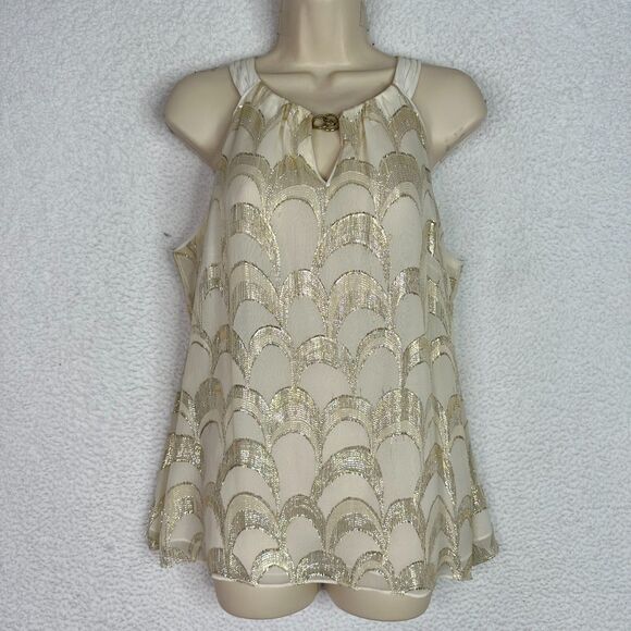 White House Black Market Silk Tank Top Sz L Gold Metallic Scallop Pattern Blouse - Picture 13 of 13